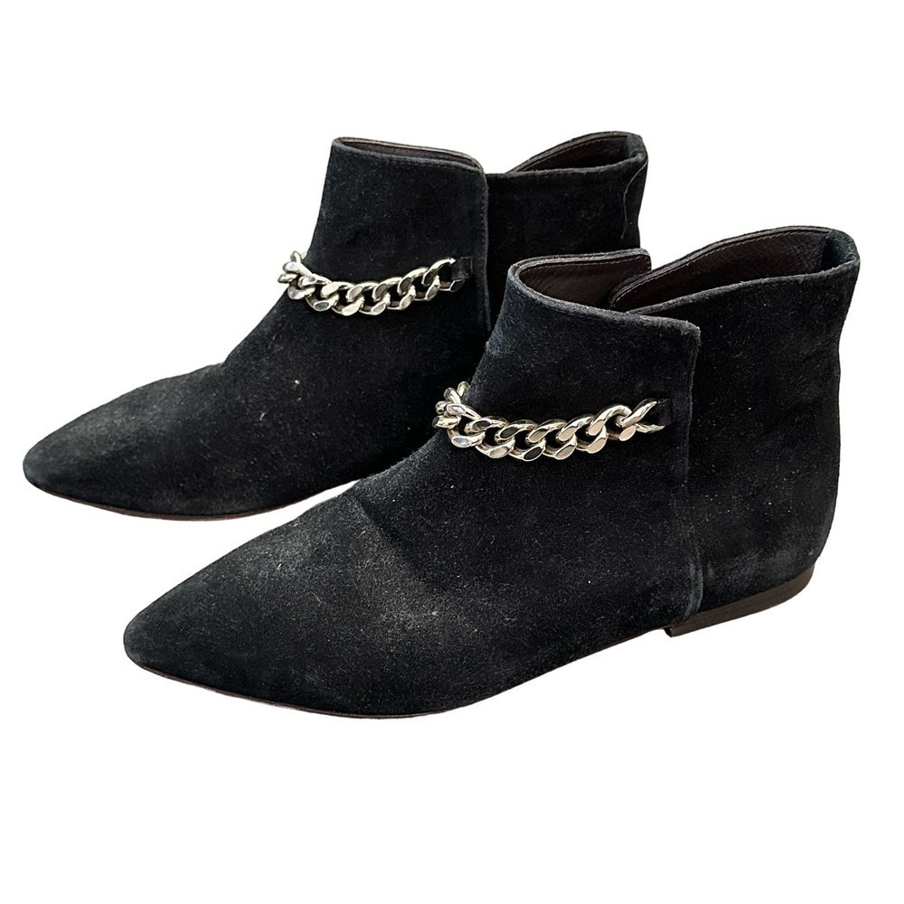 Tila March Paris Black Suede Leather Gold Chain Booties Boots Size 37 (US 7)